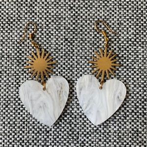 Brass and acrylic white heart earrings